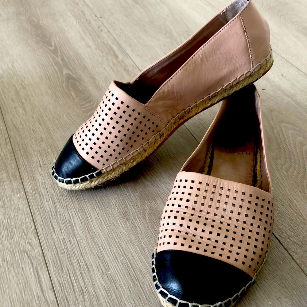 Vince Camuto size 37.5 shoes. Duo tone black and nude flat spadrilles